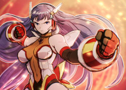 Rule 34 | 1girl, aoba (smartbeat), biceps, breasts, cleavage, cosplay, covered navel, ear covers, fate/grand order, fate (series), fighting stance, gauntlets, gloves, hair ornament, highres, large breasts, leotard, long hair, looking at viewer, martha (fate), purple hair, red gloves, revision, see-through, see-through cleavage, senki zesshou symphogear, solo, tachibana hibiki (symphogear), tachibana hibiki (symphogear) (cosplay), toned, white leotard