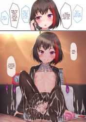 Rule 34 | 1boy, 1girl, absurdres, artificial vagina, bang dream!, bar censor, bed, black hair, blush, breasts, censored, clothes lift, condom, cum, cum on body, cum on clothes, cum on lower body, cum on upper body, english text, facial, hard-translated, heart, heart censor, highres, looking at viewer, mitake ran, multicolored hair, navel, nipples, no bra, pantyhose, phone, pillow, purple eyes, pussy, red hair, sex toy, shinonomemayoyo, shirt lift, short hair, smile, teeth, third-party edit, torn clothes, torn legwear, translated, used condom
