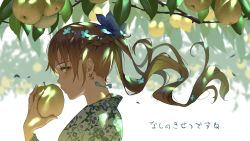 Rule 34 | braid, braided ponytail, branch, earrings, flower, food, from side, fruit, hair flower, hair ornament, highres, holding, holding food, japanese clothes, jewelry, kimono, looking at viewer, necklace, original, satsuki neko, tree, under tree, wind, wind lift