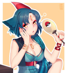 Rule 34 | 1girl, animal ears, bad id, bad pixiv id, bangle, blue hair, bracelet, breasts, cleavage, creatures (company), fingernails, forehead jewel, game freak, gen 2 pokemon, hand fan, hand on own face, highres, jewelry, makeup, matemi, nail polish, nintendo, open mouth, personification, pokemon, short hair, sneasel, solo, yellow eyes
