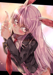 Rule 34 | 1girl, absurdres, animal ears, black jacket, blazer, blush, closed mouth, collared shirt, commentary request, cowboy shot, finger gun, frilled skirt, frills, hair between eyes, highres, index finger raised, jacket, letterboxed, long hair, looking at viewer, mahoro (minase mahoro), necktie, pink eyes, pink hair, pink skirt, rabbit ears, red necktie, reisen udongein inaba, shirt, skirt, smile, solo, touhou, very long hair, white shirt