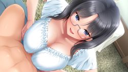 Rule 34 | 1girl, black hair, blue eyes, blush, breasts, breasts squeezed together, censored, cleavage, clothed female nude male, floor, from above, game cg, glasses, indoors, large breasts, lizabell worth, looking down, medium hair, mosaic censoring, navel, nude, open mouth, original, paizuri, paizuri fiancee, paizuri over clothes, penis, pov, semi-rimless eyewear, short sleeves, smile, solo focus, sweat, uni8
