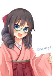 Rule 34 | 1girl, alternate hairstyle, asashio (kancolle), bad id, bad twitter id, bespectacled, black hair, blue eyes, bow, comiching, commentary request, cosplay, drill hair, glasses, green-framed eyewear, hair between eyes, hair bow, hakama, hakama short skirt, hakama skirt, harukaze (kancolle), harukaze (kancolle) (cosplay), highres, japanese clothes, kantai collection, meiji schoolgirl uniform, one-hour drawing challenge, open mouth, pink hakama, red bow, simple background, skirt, sleeves past wrists, smile, solo, twin drills, twitter username, upper body, white background