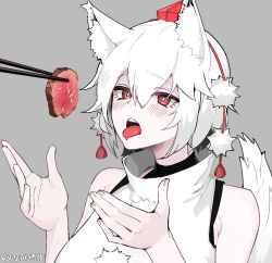 Rule 34 | 1641 (chfhrtor94), 1girl, animal ear fluff, animal ears, artist name, bad id, bad twitter id, bare shoulders, chopsticks, food, inubashiri momiji, looking at viewer, meat, open mouth, pom pom (clothes), red eyes, shirt, short hair, sleeveless, sleeveless shirt, solo, tail, teeth, tongue, tongue out, touhou, upper teeth only, white hair, white shirt, wolf ears, wolf girl, wolf tail
