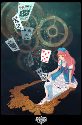 Rule 34 | 1girl, alice (alice in wonderland), alice in wonderland, card, dress, floating card, floating card, gears, hairband, king (playing card), king of diamonds, king of spades, long hair, mirror, pink hair, playing card, reflection, solo, zhengzheng
