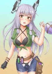 Rule 34 | 1girl, agnes tachyon (lunatic lab) (umamusume), agnes tachyon (umamusume), agnes tachyon (umamusume) (cosplay), anti (untea9), bandolier, bikini, black bikini, black gloves, breasts, brown eyes, cleavage, commentary request, cosplay, criss-cross halter, denim, denim shorts, flask, gloves, gradient background, grey hair, hair ribbon, halterneck, headgear, highres, holding, holding flask, jacket, kantai collection, leather wrist straps, looking at viewer, medium breasts, midriff, murakumo (kancolle), navel, ribbon, round-bottom flask, shorts, single glove, sleeves rolled up, solo, swimsuit, test tube, tied jacket, tress ribbon, uesaka sumire, voice actor connection