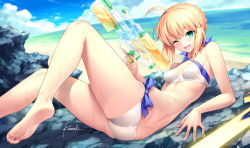 Rule 34 | 1girl, ;d, ahoge, arm support, artist name, artoria pendragon (all), artoria pendragon (fate), artoria pendragon (swimsuit archer) (fate), artoria pendragon (swimsuit archer) (first ascension) (fate), ass, bad anatomy, bad id, bad pixiv id, barefoot, beach, bikini, blonde hair, blue sky, blush, braid, breasts, cloud, cloudy sky, crown braid, day, excalibur (fate/stay night), fate/grand order, fate (series), fingernails, green eyes, hair ribbon, holding, holding weapon, horizon, kousaki rui, leg up, looking at viewer, lying, medium breasts, ocean, on side, one eye closed, open mouth, outdoors, ribbon, saber (fate), short hair, signature, sky, smile, solo, swimsuit, sword, toes, trigger discipline, twisted torso, water, water gun, weapon, wet, white bikini