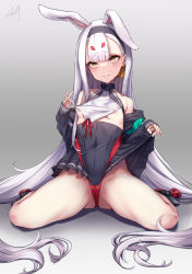 Rule 34 | 1girl, animal ears, areola slip, ass, azur lane, bare shoulders, breasts, cameltoe, eyeliner, gradient background, grey background, hairband, highres, hikimayu, kurofude anna, lifted by self, long hair, looking at viewer, makeup, nipple slip, nipples, pleated skirt, rabbit ears, shimakaze (azur lane), sitting, skirt, sleeves past wrists, small breasts, solo, thighs, very long hair, wariza, white hair