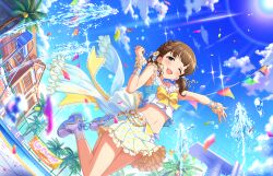 Rule 34 | 1girl, blue eyes, bow, bowtie, brown hair, building, cloud, fence, flag, game cg, idolmaster, idolmaster cinderella girls, idolmaster cinderella girls starlight stage, navel, official art, one eye closed, open mouth, palm tree, sakuma mayu, skirt, solo, tree, water, window