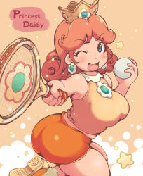 Rule 34 | 1girl, ass, ball, belly, blue eyes, breasts, brown hair, earrings, ibukichi, jewelry, large breasts, long hair, looking at viewer, mario (series), mario tennis, mario tennis: ultra smash, nintendo, one eye closed, plump, princess daisy, racket, shoes, skindentation, smile, sneakers, solo, sportswear, star (symbol), super mario land, tennis ball, tennis daisy, tennis racket, tennis uniform, thighs