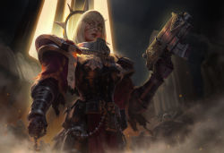 Rule 34 | 1girl, adepta sororitas, armor, backlighting, belt pouch, bolter, breastplate, clenched hand, eyepatch, finger on trigger, gorget, grey eyes, gun, halo, handgun, imperium of man, kilart, lips, nose, one-eyed, pauldrons, pouch, power armor, realistic, rosary, scar, scar across eye, scar on face, shoulder armor, silver hair, skull, solo focus, spikes, warhammer 40k, weapon