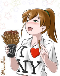 Rule 34 | 1girl, :d, admiral paru, clothes writing, commentary, food, french fries, green eyes, i heart..., intrepid (kancolle), kantai collection, looking up, open mouth, ponytail, shirt, short hair, smile, solo, star (symbol), starry background, t-shirt, upper body, white background