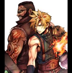 Rule 34 | 2boys, arm tattoo, armor, asymmetrical hair, back-to-back, barret wallace, beard, belt, black hair, blonde hair, blue eyes, blue shirt, brown vest, buster sword, clenched teeth, cloud strife, dark-skinned male, dark skin, earrings, facial hair, fighting stance, final fantasy, final fantasy vii, final fantasy vii remake, fire, flaming hand, hair between eyes, holding, holding sword, holding weapon, jewelry, looking to the side, male focus, materia, multiple belts, multiple boys, muscular, muscular male, parted lips, pillarboxed, popped collar, prosthesis, shirt, short hair, shoulder armor, single earring, sleeveless, sleeveless turtleneck, spiked hair, square enix, sunglasses, suspenders, sword, tama (tmfy5), tattoo, teeth, torn clothes, torn sleeves, turtleneck, very short hair, vest, weapon, white background