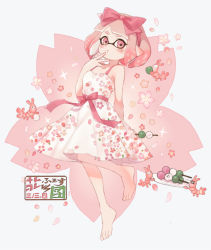 Rule 34 | 1girl, :t, arm behind back, barefoot, blunt bangs, blush, bow, cherry blossoms, closed mouth, commentary, dango, dress, floral print, food, full body, hair bow, hair ribbon, hand to own mouth, holding, holding food, inkling, inkling girl, inkling player character, leaning back, leg up, light blush, looking at viewer, mask, medium dress, mimimi (echonolog), nintendo, pink bow, pink dress, pink eyes, pink hair, pink ribbon, plate, pointy ears, print dress, ribbon, sanshoku dango, sash, short hair, shrimp, sleeveless, sleeveless dress, solo, spaghetti strap, standing, standing on one leg, sundress, tentacle hair, translation request, wagashi, white background