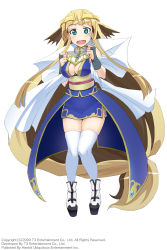 Rule 34 | 1girl, absurdly long hair, arksign, blonde hair, blue eyes, breasts, bridal gauntlets, cleavage, full body, highres, kimura shigetaka, knees together feet apart, long hair, low-tied long hair, medium breasts, obi, official art, open mouth, platform footwear, sash, shawl, simple background, solo, sweatdrop, thighhighs, tiara, very long hair, white thighhighs, yui (arksign)
