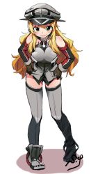 Rule 34 | 1girl, ankle boots, bismarck (kancolle), bismarck (kancolle) (cosplay), blonde hair, boots, commentary request, cosplay, full body, green eyes, grey footwear, hands on own hips, hat, hoshii miki, idolmaster, idolmaster (classic), kantai collection, long hair, looking at viewer, shift (waage), simple background, smile, solo, white background