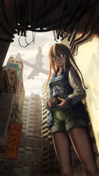 Rule 34 | 1girl, aircraft, airplane, bad id, bad pixiv id, black pantyhose, brown eyes, brown hair, building, camera, cloud, cloudy sky, commentary request, day, from below, green shorts, hironii (hirofactory), holding, holding camera, jacket, long hair, long sleeves, looking at viewer, open clothes, open jacket, original, outdoors, pantyhose, shirt, shorts, sign, sky, solo, standing, striped clothes, striped shirt, twintails
