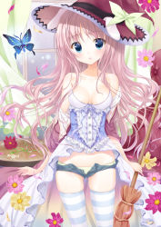 Rule 34 | 1girl, :o, blue eyes, blue thighhighs, breasts, bug, butterfly, cleavage, hat, insect, long hair, open mouth, original, pink hair, shiwasu horio, solo, thighhighs