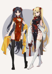 Rule 34 | 2girls, alternate costume, black hair, black legwear, blonde hair, character name, china dress, chinese clothes, cleavage cutout, clothing cutout, dress, earrings, ereshkigal (fate), fate/grand order, fate (series), full body, hair ornament, highres, holding, hoop earrings, infinity symbol, ishtar (fate), jewelry, long hair, multiple girls, parted bangs, pelvic curtain, red eyes, siblings, side slit, sisters, smile, standing, thighhighs, two side up, white legwear, yaoshi jun