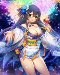 Rule 34 | 1girl, :d, bare shoulders, black hair, blue bow, blush, bow, breasts, candy apple, cleavage, collarbone, commission, date shigezane (sengoku bushouki muramasa), fireworks, floral print, floral print kimono, flower, food, green eyes, hair bow, hair flower, hair ornament, hairclip, holding, holding food, japanese clothes, kimono, large breasts, looking at viewer, munlu (wolupus), night, night sky, obi, off shoulder, open mouth, outdoors, outstretched arm, print kimono, sash, sengoku bushouki muramasa, signature, skeb commission, sky, smile, solo, thighs, white kimono, wide sleeves, yukata