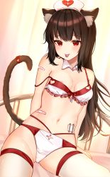 Rule 34 | 1girl, adapted costume, animal ears, areola slip, bad id, bad pixiv id, bandaid, bandaid on arm, bandaid on stomach, bikini, breasts, brown hair, cat ears, cat tail, commentary request, detached collar, frilled bikini, frills, hat, heart, highres, katsushika pachi, layered bikini, long hair, looking at viewer, medium breasts, navel, nurse cap, original, pasties, red eyes, solo, strap slip, swimsuit, tail, thighhighs, tongue, tongue out, white thighhighs