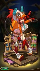 Rule 34 | 10s, backpack, bag, book, breasts, covered erect nipples, globe, gloves, goggles, hat, kneehighs, large breasts, last period, legs, library, necktie, official art, orange eyes, red hair, shoes, short shorts, shorts, sneakers, socks