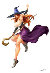 Rule 34 | 10s, 1girl, 2013, arm up, armpits, bare legs, bare shoulders, breasts, cleavage, dated, detached sleeves, dragon&#039;s crown, hat, highres, huge breasts, long hair, no bra, orange hair, orushibu, purple skirt, red eyes, red hair, shoes, simple background, skirt, solo, sorceress (dragon&#039;s crown), staff, strapless, underbust, vanillaware, white background, witch hat