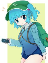 Rule 34 | 1girl, bag, blue eyes, blue hair, blue one-piece swimsuit, blue shirt, blue sleeves, blush, border, breasts, cellphone, collar, green background, green bag, green hat, hand up, hat, highres, jewelry, kawashiro nitori, key, key necklace, long sleeves, looking down, medium breasts, necklace, one-piece swimsuit, open mouth, phone, pocket, rei (tonbo0430), school swimsuit, shirt, short hair, short twintails, smartphone, solo, standing, swimsuit, touhou, twintails, white border