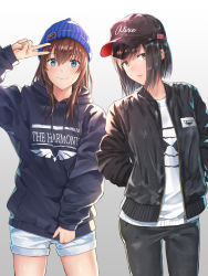 Rule 34 | 2girls, arm up, baseball cap, beanie, black hair, black hat, black jacket, black pants, black sweater, blouse, blue eyes, blue hat, blush, brown hair, closed mouth, clothes writing, cowboy shot, english text, grey background, hands in pockets, hat, head tilt, highres, hood, hooded sweater, jacket, legs apart, long sleeves, looking at viewer, multicolored hair, multiple girls, open clothes, open jacket, original, pants, parted lips, print shirt, shirt, short hair, short shorts, shorts, sidelocks, simple background, sleeves past wrists, smile, standing, streaked hair, streetwear, sugi87, sweater, swept bangs, thighs, unzipped, v, white shirt, white shorts, yellow eyes, zipper