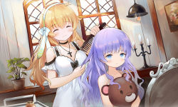Rule 34 | 2girls, ^ ^, bare arms, bare shoulders, black bow, blonde hair, blue hair, blush, bow, bow hairband, breasts, brushing hair, candle, candlestand, closed eyes, closed mouth, comb, commentary request, dress, fire, hair between eyes, hair bow, hairband, harmonia (key), holding, holding comb, indoors, leilin, long hair, multiple girls, hugging object, plant, potted plant, purple hair, revision, shiona (harmonia), signature, sitting, sleeveless, sleeveless dress, small breasts, smile, standing, stuffed animal, stuffed toy, teddy bear, tipi (harmonia), very long hair, white bow, white dress, white hairband, window
