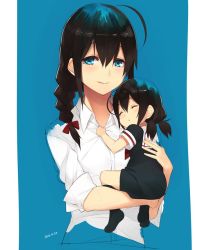 Rule 34 | 10s, 2girls, ^ ^, aged down, ahoge, black hair, blue eyes, blush, braid, carrying, closed eyes, dated, dress, dress shirt, dual persona, hair over shoulder, hair ribbon, kantai collection, light smile, long hair, looking at viewer, low twintails, multiple girls, rayvon, red ribbon, ribbon, sailor dress, shigure (kancolle), shirt, short twintails, side braid, sidelocks, sleeping, sleeves rolled up, smile, tareme, tress ribbon, twintails, upper body, white shirt