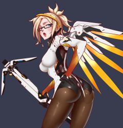 Rule 34 | 1girl, armor, ass, bad id, bad pixiv id, bespectacled, black-framed eyewear, black gloves, blonde hair, blue eyes, bodysuit, breastplate, breasts, brown pantyhose, covered erect nipples, cowboy shot, eyelashes, from behind, glasses, gloves, halo, hand on own ass, headgear, high collar, holding, holding staff, japsen, large breasts, lips, long hair, long sleeves, looking at viewer, looking back, mechanical halo, mechanical wings, mercy (overwatch), open mouth, overwatch, overwatch 1, pantyhose, pink lips, ponytail, semi-rimless eyewear, sidelocks, simple background, skin tight, solo, spread wings, staff, teeth, tongue, tongue out, turtleneck, under-rim eyewear, weapon, wing print, wings, yellow wings