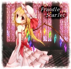 Rule 34 | 1girl, alternate costume, armband, blonde hair, bow, character name, checkered floor, colorized, dress, female focus, flandre scarlet, floor, hat, hat ribbon, head tilt, looking at viewer, looking back, nashi iri, pink dress, red eyes, ribbon, rinyuu, short hair, side ponytail, solo, stained glass, touhou, window, wings