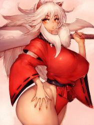 Rule 34 | 1girl, adapted costume, animal ears, bead necklace, beads, breasts, cropped legs, curvy, dog ears, dog girl, eyebrows, fumio (rsqkr), genderswap, genderswap (mtf), hand on own thigh, highres, huge breasts, huge weapon, inuyasha, inuyasha (character), japanese clothes, jewelry, lips, long hair, long sleeves, necklace, oversized object, sideboob, tetsusaiga, thick thighs, thighs, weapon, white hair, wide hips
