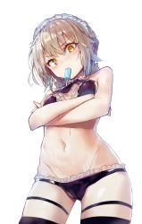 Rule 34 | 1girl, akieda, artoria pendragon (all), artoria pendragon (alter swimsuit rider) (fate), artoria pendragon (alter swimsuit rider) (second ascension) (fate), artoria pendragon (fate), bikini, black bikini, black thighhighs, blonde hair, blush, braid, breasts, cameltoe, commentary request, cowboy shot, crossed arms, detached collar, fate/grand order, fate (series), food, french braid, from below, highres, legs apart, light brown hair, looking at viewer, looking down, maid, maid bikini, maid headdress, mouth hold, navel, popsicle, ribbon, ribbon trim, saber alter, short hair, simple background, small breasts, solo, standing, stomach, sweat, swimsuit, thighhighs, unconventional maid, v-shaped eyebrows, white background, yellow eyes