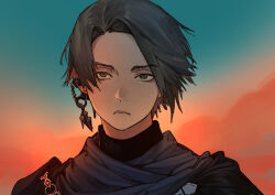 Rule 34 | 1girl, androgynous, black eyes, black hair, blue sky, cloud, commentary request, ear piercing, earrings, expressionless, final fantasy, final fantasy xiv, highres, jewelry, korean commentary, looking at viewer, orange clouds, outdoors, parted bangs, piercing, portrait, reverse trap, short hair, single earring, sky, solo, straight-on, turtleneck, v0idneet, zero (ff14)