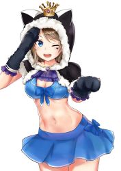 Rule 34 | 10s, 1girl, abs, animal ears, animal hands, animal hood, bikini, bikini skirt, blue bow, blue eyes, blue skirt, bow, breasts, cat ears, cat hood, cleavage, cowboy shot, crown, de yazhii, elbow gloves, facial mark, front-tie top, gem, gloves, grey hair, heart, hood, large breasts, looking at viewer, love live!, love live! school idol festival, love live! school idol project, love live! sunshine!!, midriff, navel, one eye closed, open mouth, paw gloves, salute, simple background, skirt, solo, swept bangs, swimsuit, watanabe you, white background