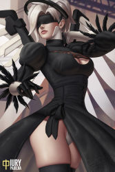 Rule 34 | 1girl, adapted costume, artist name, black dress, blindfold, breasts, cleavage, cleavage cutout, clothing cutout, commentary, cosplay, dress, feather-trimmed sleeves, halo, iury padilha, leotard, leotard under clothes, lips, mechanical halo, mechanical wings, medium breasts, mercy (overwatch), nier (series), nier:automata, overwatch, overwatch 1, puffy sleeves, side slit, silver hair, skindentation, solo, thighhighs, wings, 2b (nier:automata), 2b (nier:automata) (cosplay)