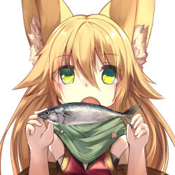 Rule 34 | 1girl, animal ears, blonde hair, commentary request, fingernails, fish, fox ears, green eyes, green scarf, hair between eyes, hands up, holding, long hair, looking at viewer, open mouth, original, scarf, simple background, solo, upper body, white background, yoshizawa tsubaki