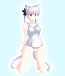 Rule 34 | 1girl, albino, alternate color, animal ears, bow, braid, cat ears, cat tail, collarbone, extra ears, gradient background, hair bow, isaki (gomi), kaenbyou rin, kneeling, multiple tails, one-piece swimsuit, red eyes, school swimsuit, silver hair, solo, swimsuit, tail, touhou, twin braids, white one-piece swimsuit, white school swimsuit