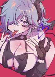 Rule 34 | 1girl, blue eyes, blue hair, breasts, chariki, demon girl, demon horns, demon tail, demon wings, facing viewer, fang, highres, horns, indie virtual youtuber, kutinawa, large breasts, lingerie, long tongue, looking at viewer, revealing clothes, solo, tail, thighhighs, tongue, tongue out, underwear, virtual youtuber, wings