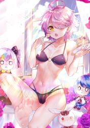 1girl ahoge barefoot black_bra black_panties blue_sky blurry blurry_foreground bow bra breasts bronya_zaychik bronya_zaychik_(wolf&#039;s_dawn) cake cake_slice cameltoe choker cloud cloudy_sky doll flower food fork hair_over_one_eye happy_birthday heterochromia highres holding holding_fork holding_plate honkai_(series) honkai_impact_3rd medium_breasts multicolored_hair navel o-ring open_mouth panties pink_hair plate purple_bow purple_choker purple_eyes purple_flower purple_hair purple_rose rose seele_vollerei seele_vollerei_(stygian_nymph) sharp_teeth short_hair sin_mal sin_mal0909 sky soles solo stomach sunlight teeth toes two-tone_hair underwear window yellow_eyes