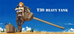 Rule 34 | 1girl, :o, ahoge, bare shoulders, blonde hair, blue eyes, breasts, gloves, highres, hip flask, kare huang, miniskirt, open mouth, pantyhose, parted lips, pleated skirt, skirt, solo, standing, t30 heavy tank, tank top, turret, weapon
