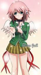 Rule 34 | 1girl, :o, ahoge, akashiya moka, akashiya moka (cosplay), artist request, blue eyes, blush, breasts, brown hair, brown skirt, chain, collar, collared shirt, commentary request, cosplay, cross, crossover, feathered wings, gradient background, gradient hair, green shirt, hair between eyes, hair ribbon, head tilt, highres, holding, holding cross, ikaros, light particles, long hair, long sleeves, looking at viewer, low twintails, medium breasts, multicolored hair, outstretched arm, parted lips, pink background, pink hair, plaid, plaid skirt, pleated skirt, pocket, red ribbon, ribbon, robot ears, rosario+vampire, school uniform, shirt, sidelocks, simple background, skirt, solo, sora no otoshimono, standing, twintails, very long hair, white shirt, white wings, wings, yellow background