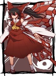 Rule 34 | 1girl, ascot, black hair, bow, breasts, butterfly wings, closed mouth, collared shirt, commentary request, detached sleeves, frilled bow, frilled hair tubes, frills, frown, full body, hair between eyes, hair bow, hair tubes, hakama, hakama skirt, hakurei reimu, highres, insect wings, japanese clothes, kuri dora, long bangs, long hair, looking at viewer, medium breasts, orb, red bow, red eyes, red shirt, red skirt, red wings, ribbon-trimmed collar, ribbon-trimmed sleeves, ribbon trim, sandals, shirt, sidelocks, skirt, skirt set, sleeveless, sleeveless shirt, socks, solo, split mouth, standing, tabi, touhou, v-shaped eyebrows, white sleeves, white socks, wide sleeves, wings, yellow ascot, yin yang, yin yang orb, zouri