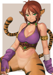 Rule 34 | 1girl, ahoge, animal ears, antenna hair, armlet, bandages, bare shoulders, blush, bottomless, breasts, breath of fire, breath of fire ii, brown hair, capcom, cat ears, cat girl, cat tail, claws, cleavage, closed mouth, dated, facial mark, facing viewer, fingerless gloves, fingernails, gloves, green eyes, hand on leg, hand on own leg, hand on own thigh, hand on thigh, happy, large breasts, lasterk, looking at viewer, monster girl, navel, no panties, no pussy, pointy ears, purple top, red hair, rinpoo chuan, sharp fingernails, short hair, signature, sitting, smile, solo, spread legs, tail, text focus, tiger stripes, tiger tail, whisker markings