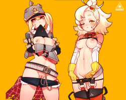 2girls absurdres artist_name belt black_belt black_gloves black_shorts blonde_hair breasts cheunchin closed_mouth clothes_pull combat_helmet crossed_arms gloves goggles goggles_around_neck green_eyes grey_helmet hair_between_eyes helmet highres lifting_own_clothes long_hair long_sleeves looking_at_viewer luciana_de_montefio medium_breasts mouth_hold multiple_girls navel nipples one_eye_closed pickelhaube piper_wheel pussy red_eyes shorts shorts_pull simple_background stomach uncensored yellow_background yellow_gloves zenless_zone_zero