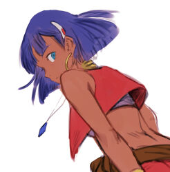 Rule 34 | 1girl, bandeau, blue eyes, blue hair, closed mouth, commentary request, earrings, fushigi no umi no nadia, hair ornament, hairclip, hoop earrings, jewelry, looking at viewer, looking back, muraicchi (momocchi), nadia la arwall, neck ring, pendant, red vest, short hair, simple background, solo, upper body, vest, white background