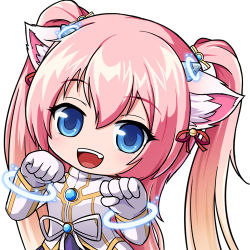 Rule 34 | 1girl, :d, angelic buster, animal ears, bell, blue eyes, blush, bow, cat ears, fang, gloves, hair bell, hair between eyes, hair bow, hair ornament, hair ribbon, head tilt, horns, jingle bell, long hair, long sleeves, looking at viewer, lowres, maplestory, nekono rin, official style, open mouth, pink hair, red ribbon, ribbon, shirt, simple background, smile, solo, twintails, two side up, very long hair, white background, white bow, white gloves, white ribbon, white shirt