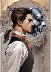 Rule 34 | 1boy, ace attorney, artist name, black vest, brown background, brown hair, closed eyes, facial hair, flower, genshin asogi, helmet, highres, male focus, mustache, ponytail, profile, shirt, solo, the great ace attorney, upper body, vest, wakadori, white shirt